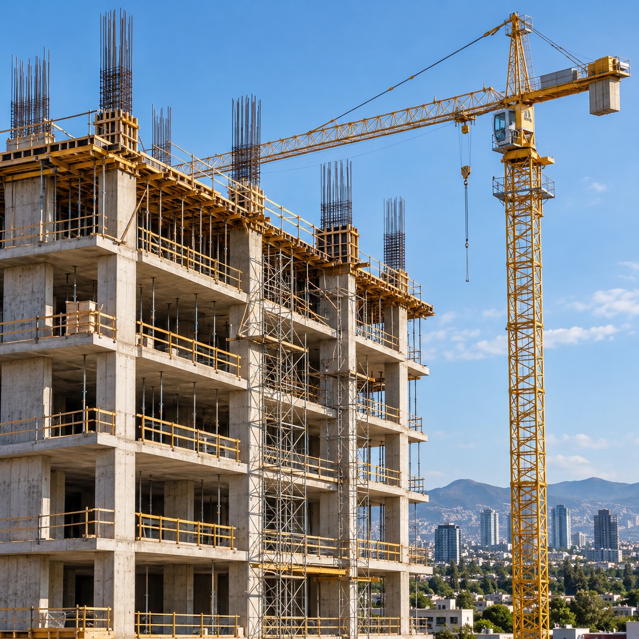 Edificio de concreto en construcción con grúa